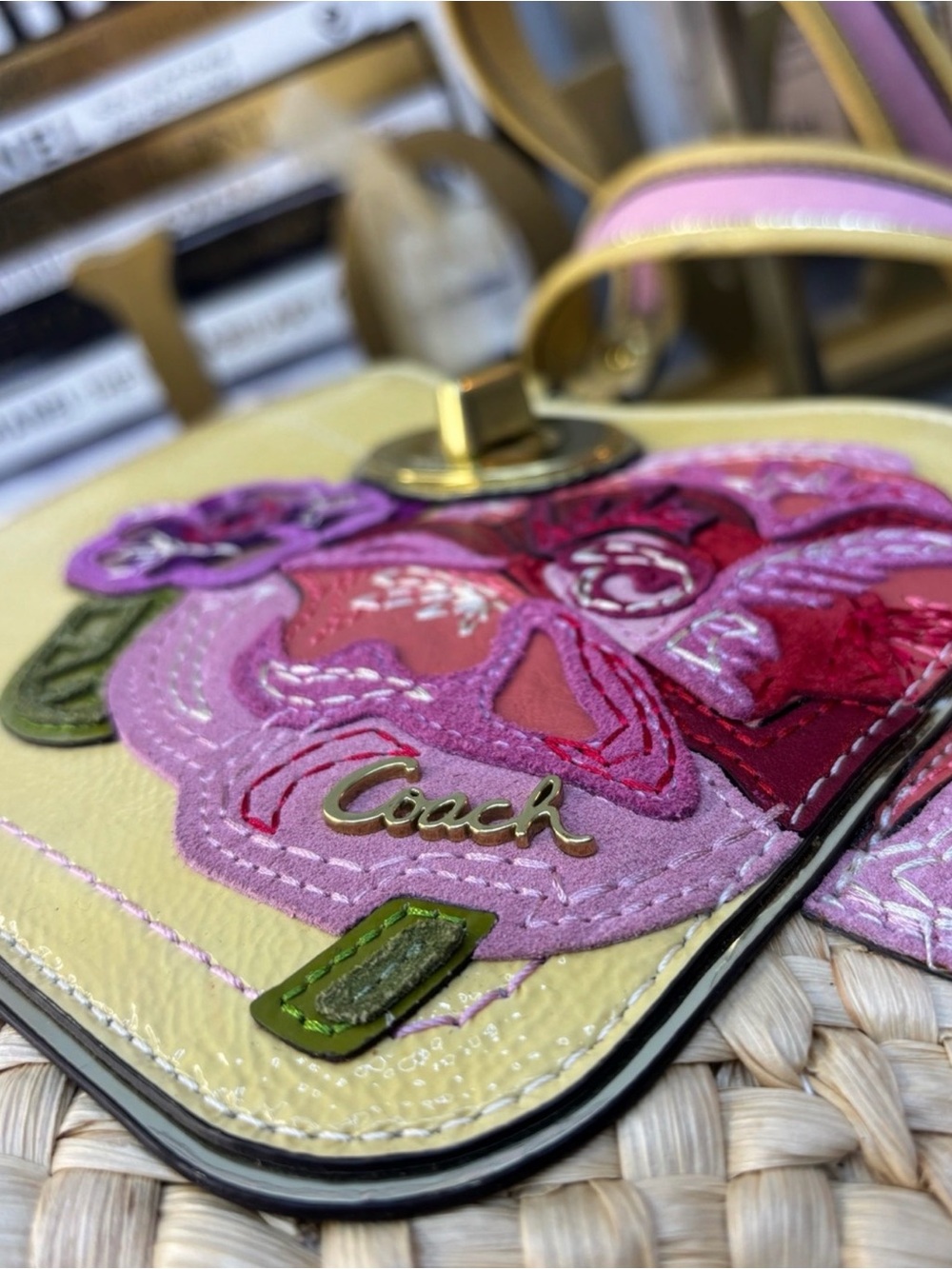 Coach Legacy Yellow Leather  Straw Tote with Pink Floral Applique and Scarf - Picture 14 of 15